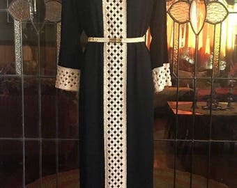 Genuine 1960s Vintage Black Silk Crepe Crochet Trim Tunic Maxi Dress 10 12 S M SW