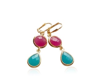 Fuchsia and Aqua Gems Dangle Earrings, Teardrop Pink and Aquamarine Gold Earrings, Bridesmaid Drop Earrings, Bridesmaid Bridal Shower Gift