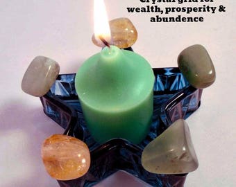 Powerful candle holder crystal grid for Wealth, Prosperity,Abundance, Citrine, Jade, Meditation, Spell, Candle Magic, Infused w Reiki