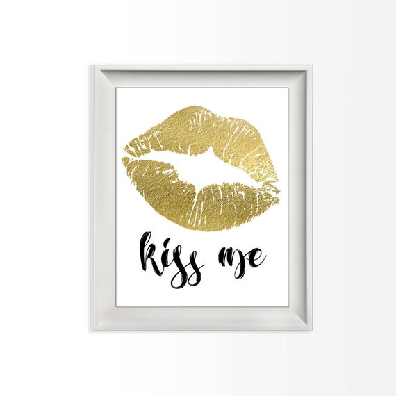 007 Kiss Me Gold Foil Lips Printable Wall Art Modern Girly