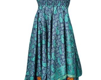 Womens Beach Dress Blue Recycled Vintage Sari Handkerchief Hem Boho Halter Sundress