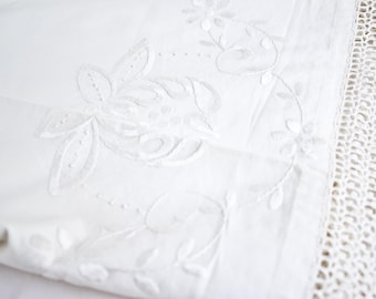 Vintage Lace White Embroidered Linen Pillowcase