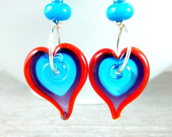 Colorful Funky Glass Heart Earrings, Statement Earrings, Red Purple Blue Lampwork Earrings, Whimsical Earrings, Playful Jewelry