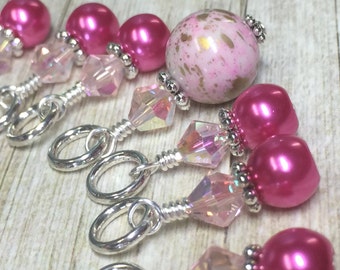 Pink Splash Stitch Marker Set - Snag Free Beaded Knitting Place Markers- Gift for Knitters