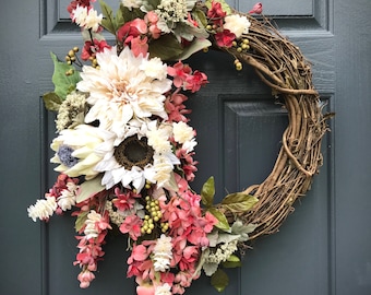 Fall Wreaths, Fall Door Decor, Fall Decorating, Front Door Wreath, Fall Wreaths for Door, Pink, Housewarming Gift, Gift for Her, Fall Decor