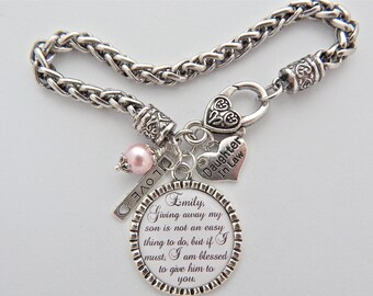 Future Daughter in Law BRACELET, Daughter in Law Gift, BRIDE to be Gift, Charm Bracelet, Giving away my son is not an easy thing to do