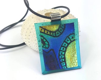Blue and Gold Dichroic Glass Pendant. Hand etched fused glass dichroic pendant necklace with leather necklace by AMEArtistry2017