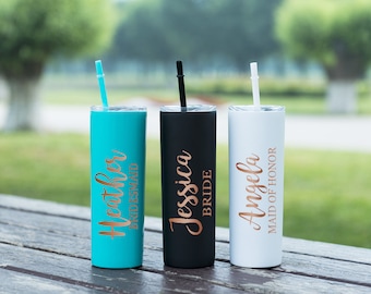 Bridesmaids Gift Personalized Bridesmaid Cup Stainless Steel Skinny Tumbler with Straw Maid of Honor Gifts Bride Cup Wedding Party Favor