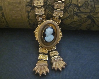 Antique Victorian Bookchain Necklace with Cameo Watch Holder