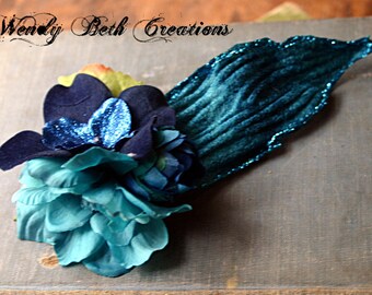 Azul Fae Hair Clip Fascinator - Belly Dance, Wedding, Bridal, Prom, Vegan, ATS, Tribal Fusion, Hair Garden, Thistle, Blue, Gardenia