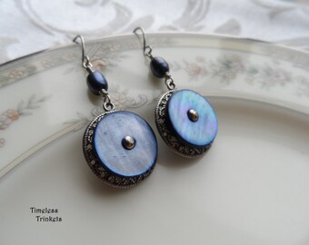 Antique Mother of Pearl Button Earrings, Freshwater Pearls, Ocean Blue, Sapphire Blue, Antique Silver Ox