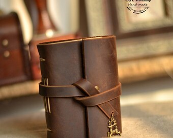 Mini Leather Journal Handmade With Vintage Deer, Cute Pocket Notebook, Mini Diary, Brown, Christmas Gift, A7