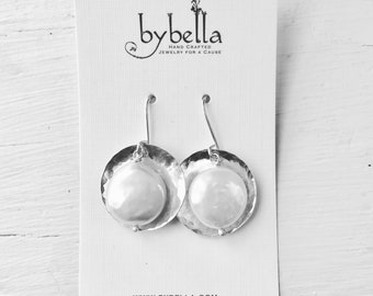 Coin Pearl Sterling Hammered disc earrings