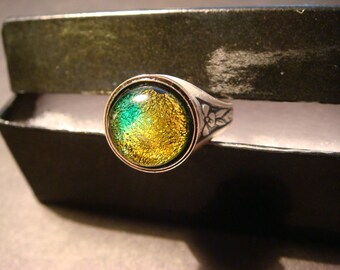 Victorian Style Dichroic Glass Antique Silver Ring- Adjustable (1045)