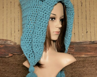 Crochet Bear Hood, Turquoise Chunky Wool Hat, Baby Photo Prop, Winter Adults Hat With Ears