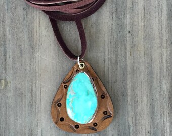 Sterling Kingman Turquoise. Handmade . Rustic . Hand Forged. Soft Leather . Rustic Necklace
