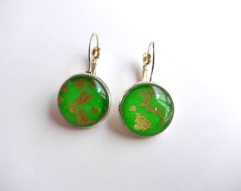 Round earrings, the tapes on green background, Japanese inspired (origami paper)