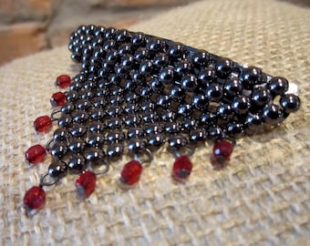 Vintage Hair Clip • 80s Barrette • Beaded Hair Clip • Black Beads Ruby Beads Jewelry • Metal Hair Clasp • Triangle Hair Pin Beaded Tassels