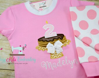 Pancake pajamas, girl pancake pajamas, birthday pancake pajamas, pancake pj, birthday pajamas, birthday pj, pancake applique embroidery