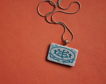 Baha'i Ringstone Symbol Necklace- porcelain rectangle in turquoise blue and white