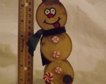 Peppermint Candy Wood Slice Snowman Christmas Decoration