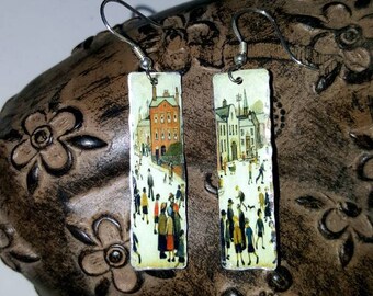 Little People Lowry Upcycled Tin Lightweight Earrings Sterling Silver Ear Wires Boho Hippy Art Lover Wearable Art Boho Hippy Unusual Gift
