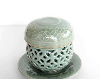 Korean Double-ware Blue-Green Celadon Cup and Saucer, Tea Ceremony, Authentic Zen Tea Ware, Jade Ceramic