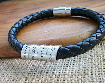 Vegan Mens personalised bracelet 8mm artificial leather wrapped spiral twist bracelet secret message gift Valentines Anniversary Wedding