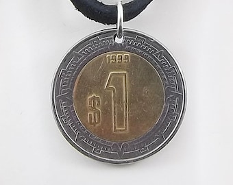 Mexican Coin Necklace, 1 Peso, Coin Pendant, Leather Cord, Mens Necklace, Womens Necklace, Birth Year, 1999