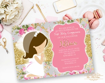 Girl First Holy Communion Invitation, Baptism Invitation, Religious Invites, Communion- 0074