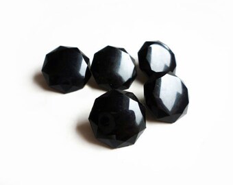 5 Black Faceted Buttons, Vintage Black Buttons