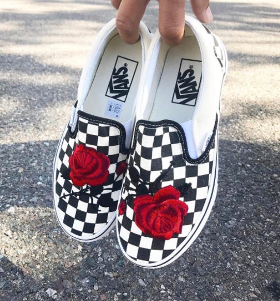checkered slip on vans with rose