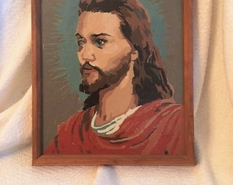 Paint by Number Jesus Face with Teal Blue Halo Red Robe Religious Art Catholic