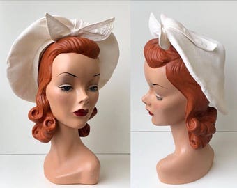 RESERVED | 1960's Crisp White Sailor Inspired Halo Conical Beret Hat with Front Bow Detail
