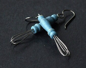 whisk earrings, whisk earrings wooden, whisk earrings miniature, WHISK ME AWAY, hypoallergenic titanium earwires