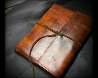 Large Brown Leather Book Journal Weathered Rustic Look Wrap End Free Custom Stamping