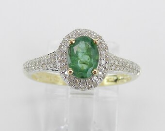 Yellow Gold Diamond and Emerald Halo Engagement Ring May Birthstone Promise Size 7