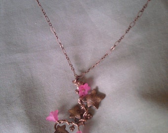 Copper Leaf Pendant with Flowers
