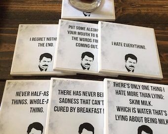Parks and Recreation Coasters | Ron Swanson - Set of 7 - Special Set - Best Quotes - Popular TV Shows - Drink Coasters - Living Room Decor
