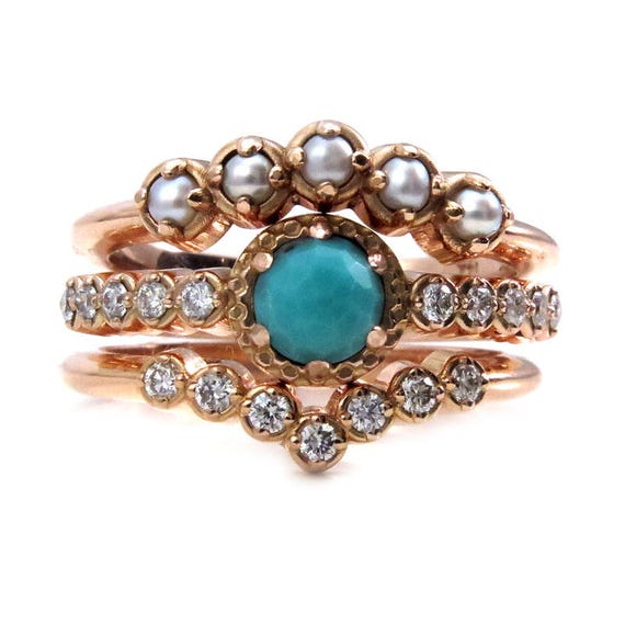 Georgian Engagement Ring Set - Rose Cut Turquoise, Seed Pearls and Diamonds - 14k Gold
