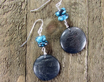 Turquoise & Tektite Earrings, Meteorite Dangle, Black Earring