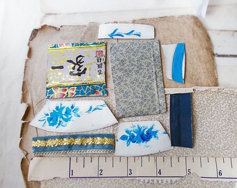 Salvaged Tin Cuts - 1 Ounce - 8 Pieces - Blue Mix Floral - Smoothed Edges - Blue, White, Cream, Gold - Raw Tin for Jewelry, Crafts - no. 4
