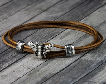 Bee Leather Bracelet - Leather Wrap Bracelet - Womens Leather Bracelet - Mens Leather Bracelet - Bee Jewelry - Leather Bracelet - Honey Bee