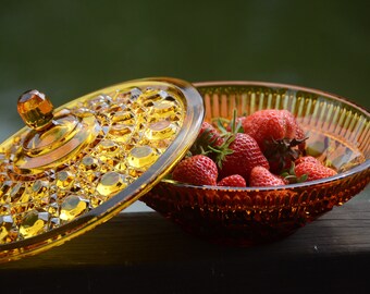 Vintage Amber/Sun Gold Federal Glass "Windsor" Candy Dish with Lid. Indiana Glass Windsor Pattern. Covered Candy Dish. MCM Dish.