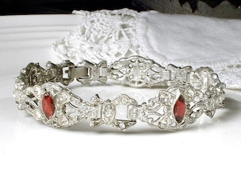 1920's Art Deco Red Rhinestone Bracelet, Pave Ruby Crystal Bridal Bracelet, Silver Paste Link Vintage Wedding Jewelry Great GATSBY 1930 20's