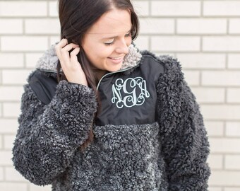 Monogram Sherpa Pullover Jacket, Monogram Sherpa Fleece Pullover, Monogram Fur Pullover, Sherpa Fleece Pullover