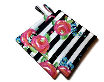 Handmade Quilted Pot Holders set of 2 Pink Roses Black White Stripes Potholders