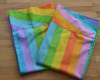 Vintage 1980s Set of 2 RAINBOW Stripe Standard Pillowcases Utica Pastel Stripe Diversity Pride LGBTQ