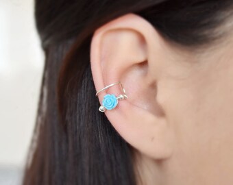 Blue Ear Cuff no piercing Rose Ear Cuffs Flower Earrings Cartilage Hoop Fake Piercing Oreille Rose Earrings Silver Ear cuff Earrings