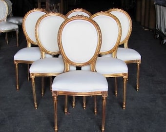 Six Gilded Gilt French Country Louis XVI Dining Chairs Rosette Crest
